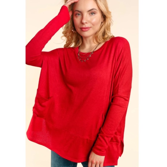 kelzposh Tops - "The Gianna" Small Oversized Red Dolman Sleeve Pocket Top